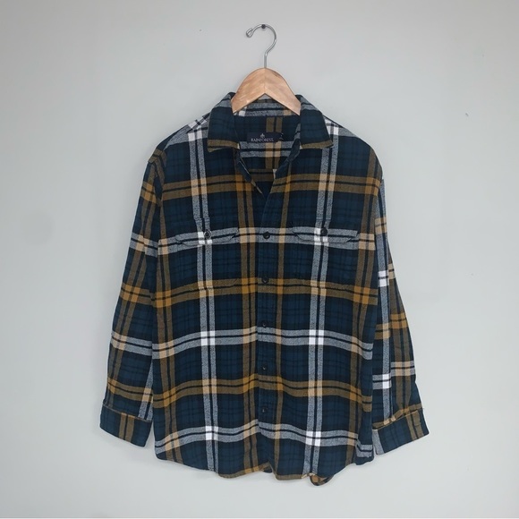 Rainforest Plaid Flannel Shirt Jacket Corduroy Blue Orange Men's Size Medium - Picture 2 of 10